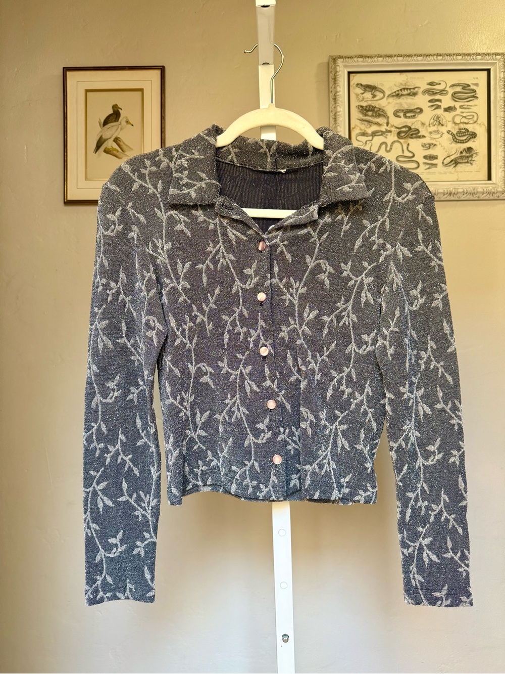 Vintage 90s Fitted Silver Sparkly Floral Pattern Button-Front Top Size XS
